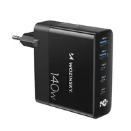 Ładowarki do telefonów - Ładowarka sieciowa 100-240V GaN 140W 3x USB-C / 2x USB-A czarna - miniaturka - grafika 1