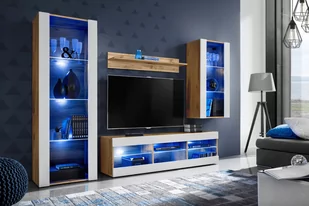 Meblościanka /Blue LED/ BIAŁY / Czarny / Dąb Wotan - Meble do sypialni - miniaturka - grafika 1