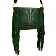 Torebki damskie - Borse in Pelle włoska listonoszka z frędzlami skóra naturalna zieleń butelkowa wzór aligatora - miniaturka - grafika 1