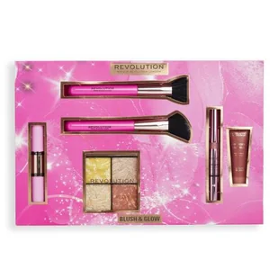 Makeup Revolution London Blush & Glow Gift Set Zestaw paletka rozświetlająca Highlighter Quad 9,6 g Make It Count + rozświetlacz Bright Light Highlighter 3 ml Divine Dark Pink + pędzel kosmetyczny 2 sztuki + róż do policzków Superdewy Liquid Blush 15 ml Flushing For You + róż i rozświetlacz Fast Bas - Zestawy kosmetyków damskich - miniaturka - grafika 1