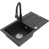 Zlewozmywaki z baterią - Mexen Pablo zlewozmywak granitowy 1-komorowy z ociekaczem i baterią kuchenną Elia, czarny/srebrny metalik - miniaturka - grafika 1