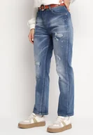 Spodnie damskie - Niebieskie Bawełniane Jeansy z Przetarciami o Klasycznym Fasonie z Paskiem Zinasia - miniaturka - grafika 1