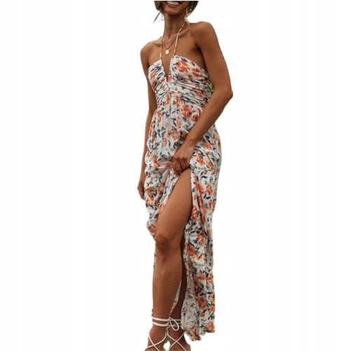 Letnia Sukienka Boho W Kwiaty Codzienna Plaża Wakacje Maxi Pomarańczowa