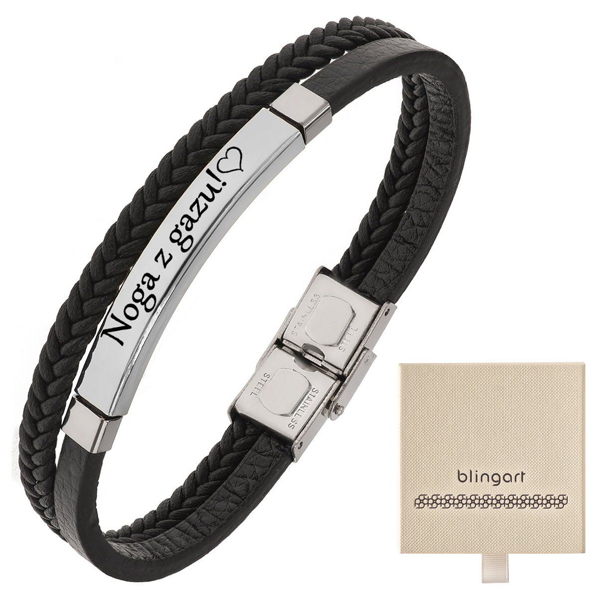 Bransoletka z GRAWEREM skórzana srebrna PREZENT