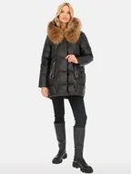 Kurtki damskie - Kurtka damska puchowa długości ¾ z futrem jenota L Czarny - miniaturka - grafika 1