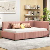 Sofy i kanapy - Łóżko tapicerowane Flieks 90x200cm z oparciem, sofa rozkładana ze stelażem listwowym, łóżko dzienne łóżko funkcjonalne łóżko młodzieżowe łóżko dziecięce, aksamit, różowy - miniaturka - grafika 1
