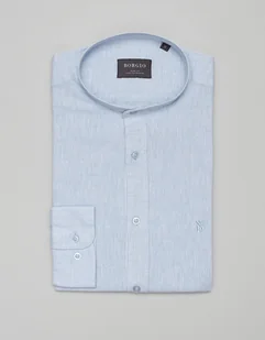 Lniana koszula lentane ze stójką 00480 długi rękaw błękit slim fit - Koszule męskie - miniaturka - grafika 1