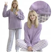 Piżamy damskie - PIŻAMA DAMSKA DWUCZĘŚCIOWA WYGODNA DŁUGI RĘKAW SPODNIE CIEPŁA PLUSZOWA S FIOLETOWA - miniaturka - grafika 1