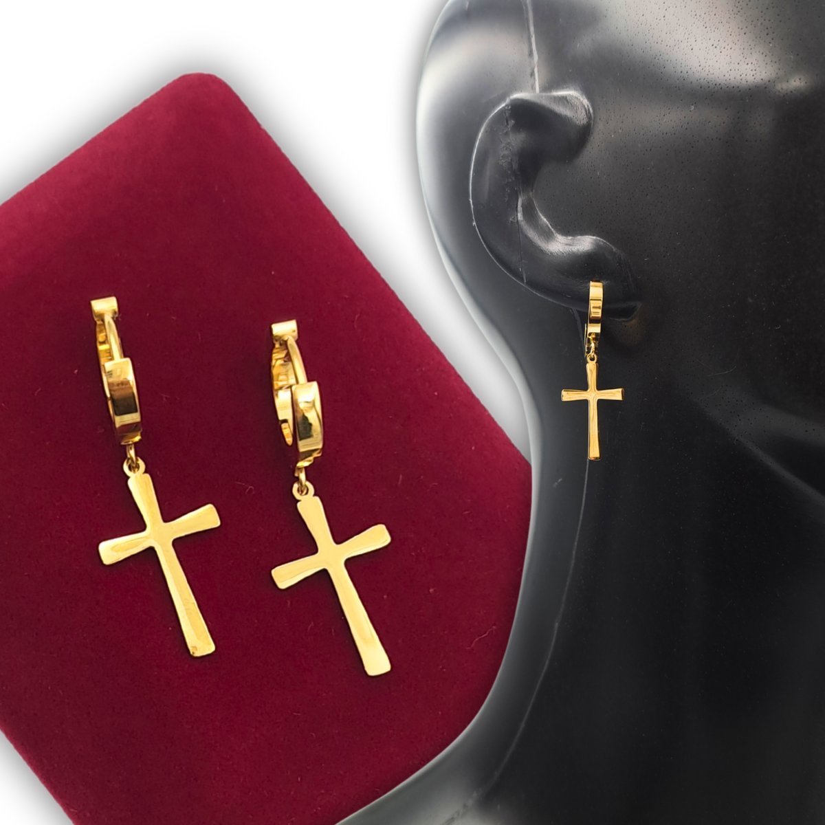 Kolczyki Złote Krzyże Wiszące - Pozłacana Stal chirurgiczna