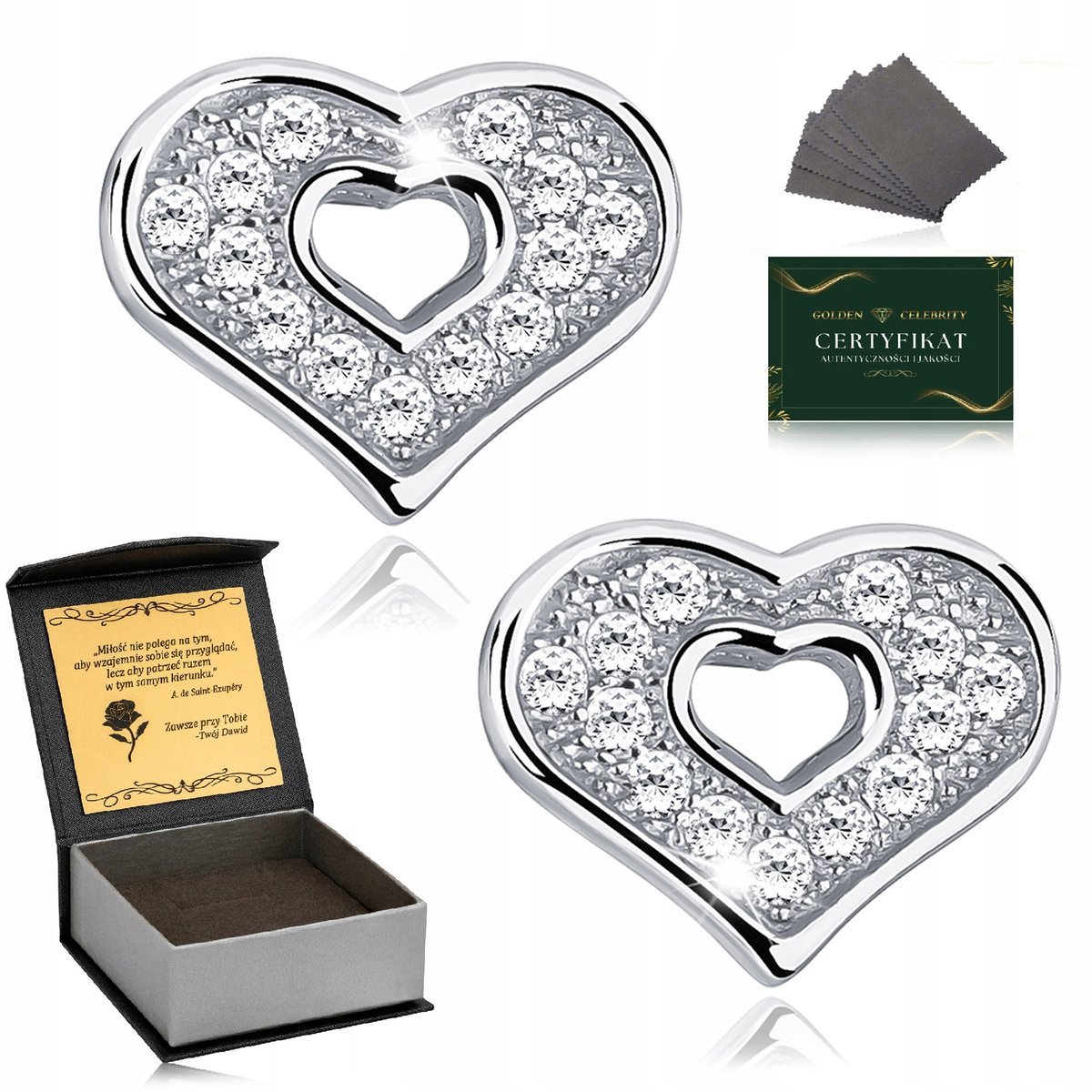 Srebrne Kolczyki 925 Serca Z Cyrkoniami Prezent Niej, Dziewczyny + Grawer