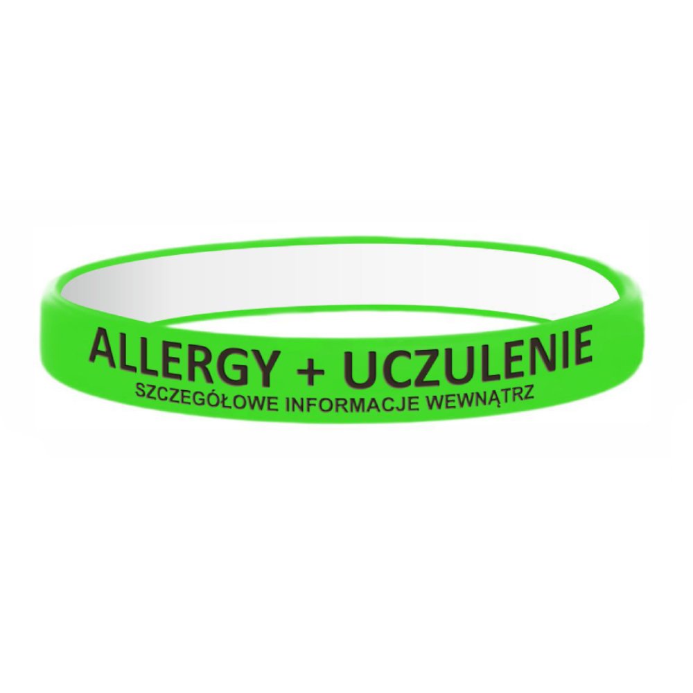 Opaska silikonowa na nadgarstek z miejscem na informacje - Allergy + uczulenie - zielona