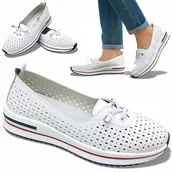 Półbuty damskie - Półbuty Damskie SKÓRZANE Białe Sportowe Ażurowe Oddychające Modne Barski 37 - miniaturka - grafika 1