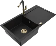 Zlewozmywaki z baterią - Mexen Leo zlewozmywak granitowy 1-komorowy z ociekaczem i baterią kuchenną Flora, czarny - 6501-77-670401-57-G - miniaturka - grafika 1