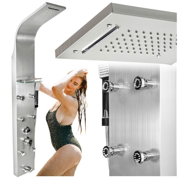 Stalowy Panel Prysznicowy Dysze Bateria Deszczownica Mieszacz Hydromasaż