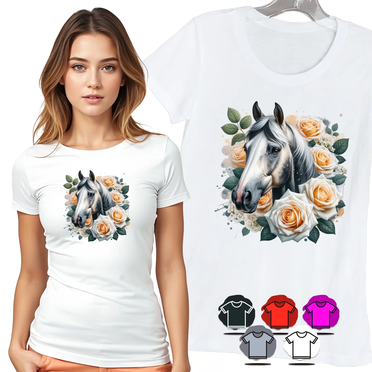 KOSZULKA DAMSKA T-SHIRT - BIAŁY KOŃ I RÓŻE ELEGANCKI PORTRET DAMSKI - XL