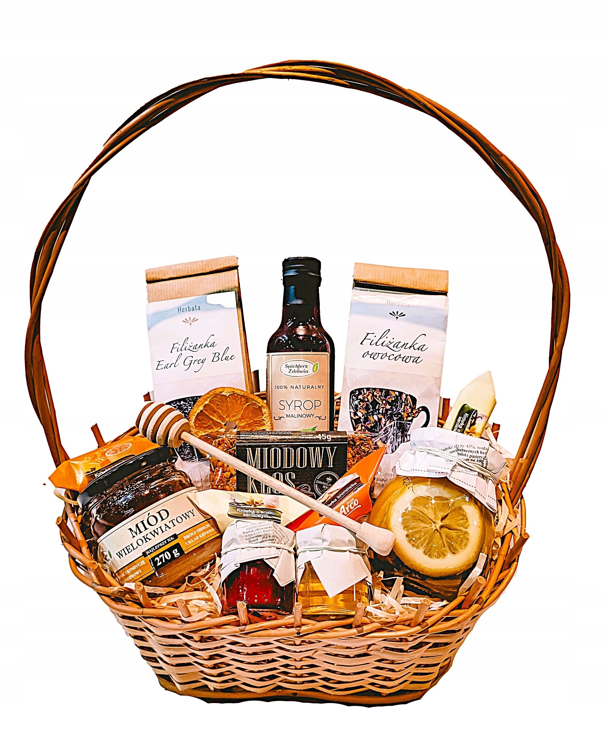Kosz Prezentowy Miód Przysmaki Herbta Syrop Malinowy