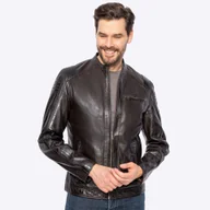Kurtki męskie - Męska kurtka biker ze skóry owczej ciemny brąz - miniaturka - grafika 1
