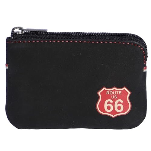 Route 66 - Męski skórzany portfel na karty - Portfel męski z 3 przegródkami na zamek błyskawiczny, wewnętrznym brelokiem i pudełkiem upominkowym, Czarny (Black), zwykły
