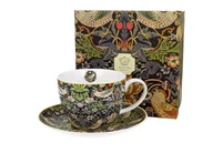 Filiżanki - Filiżanka do kawy i herbaty porcelanowa ze spodkiem DUO Strawberry Thief Blue William Morris 400 ml - miniaturka - grafika 1