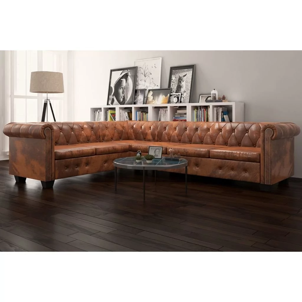 vidaXL Sofa rogowa Chesterfield sześcioosobowa brązowa sztuczna skóra 243618