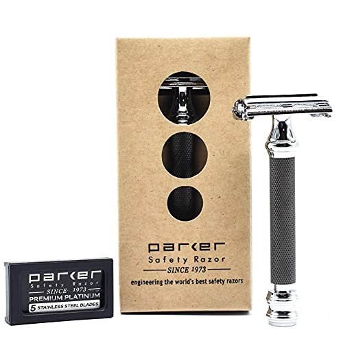 Parker Safety Razor 76R Butterfly Open Double Edge maszynka do golenia - bardzo ciężka - 5 ostrzy Parker Premium w zestawie, czarna
