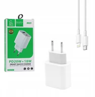 Ładowarki do telefonów - ŁADOWARKA SIECIOWA 3A 20W BIAŁA DENMEN 3600mA DC21 USB+TYP-C PD+C3.0 + KABEL USB TYP-C DO LIGHTNING 2A BIAŁY USB 3.0 PD USB-C - miniaturka - grafika 1