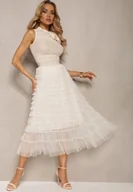 Spódnice - Jasnobeżowa Spódnica Ozdobiona Tiulową Siateczką i Falbanami Oslla - miniaturka - grafika 1