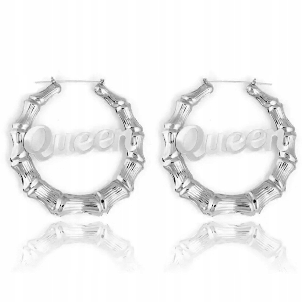 Duże Srebrne Kolczyki Okrągłe z napisem Queen Bambus Stal Chirurgiczna