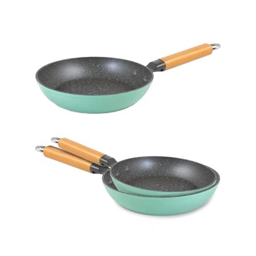 Avilia Zestaw 3 nieprzywierających patelni z uchwytami z drewna bukowego - patelnie aluminiowe z recyklingu, przyjazne dla środowiska, zielone i szare, 20-24-28 cm