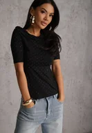 Bluzki damskie - Czarna Bluzka z Dekoltem Typu Łódka Ozdobiona Cyrkoniami Neaninna - miniaturka - grafika 1