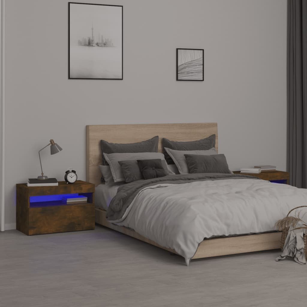 Szafki nocne 2 szt. z oświetleniem LED dąb wędzony 60x35x40 cm
