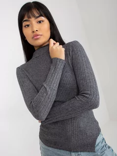Swetry damskie - Sweter asymetryczny ciemny szary casual dekolt stójka rękaw długi materiał prążkowany - grafika 1