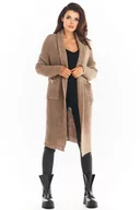 Swetry damskie - Długi Kardigan z Szalowym Kołnierzem - Beżowy - miniaturka - grafika 1