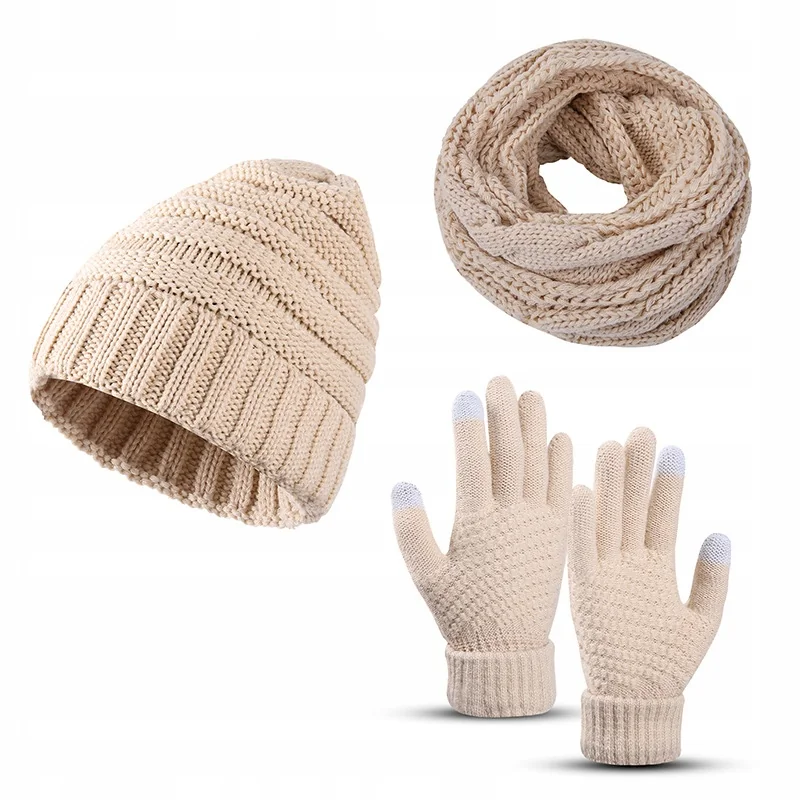KOMPLET zimowy damski CZAPKA KOMIN RĘKAWICZKI beżowy HANDMADE ZESTAW zima
