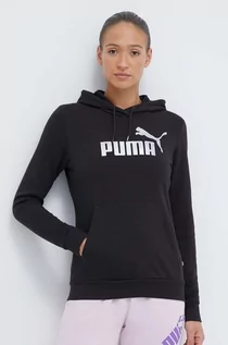 Bluzy damskie - Puma bluza dresowa kolor czarny z kapturem z nadrukiem - grafika 1