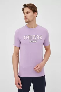 Koszulki męskie - GUESS t-shirt męski kolor fioletowy z nadrukiem - grafika 1
