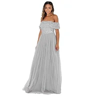 Sukienki - Maya Deluxe Damska sukienka Bardot Maxi zdobiona wysoka talia imperium, bez rękawów, tiulowa na wesele, studniówkę, ukończenie szkoły, druhna, Delikatny szary, 42 - miniaturka - grafika 1