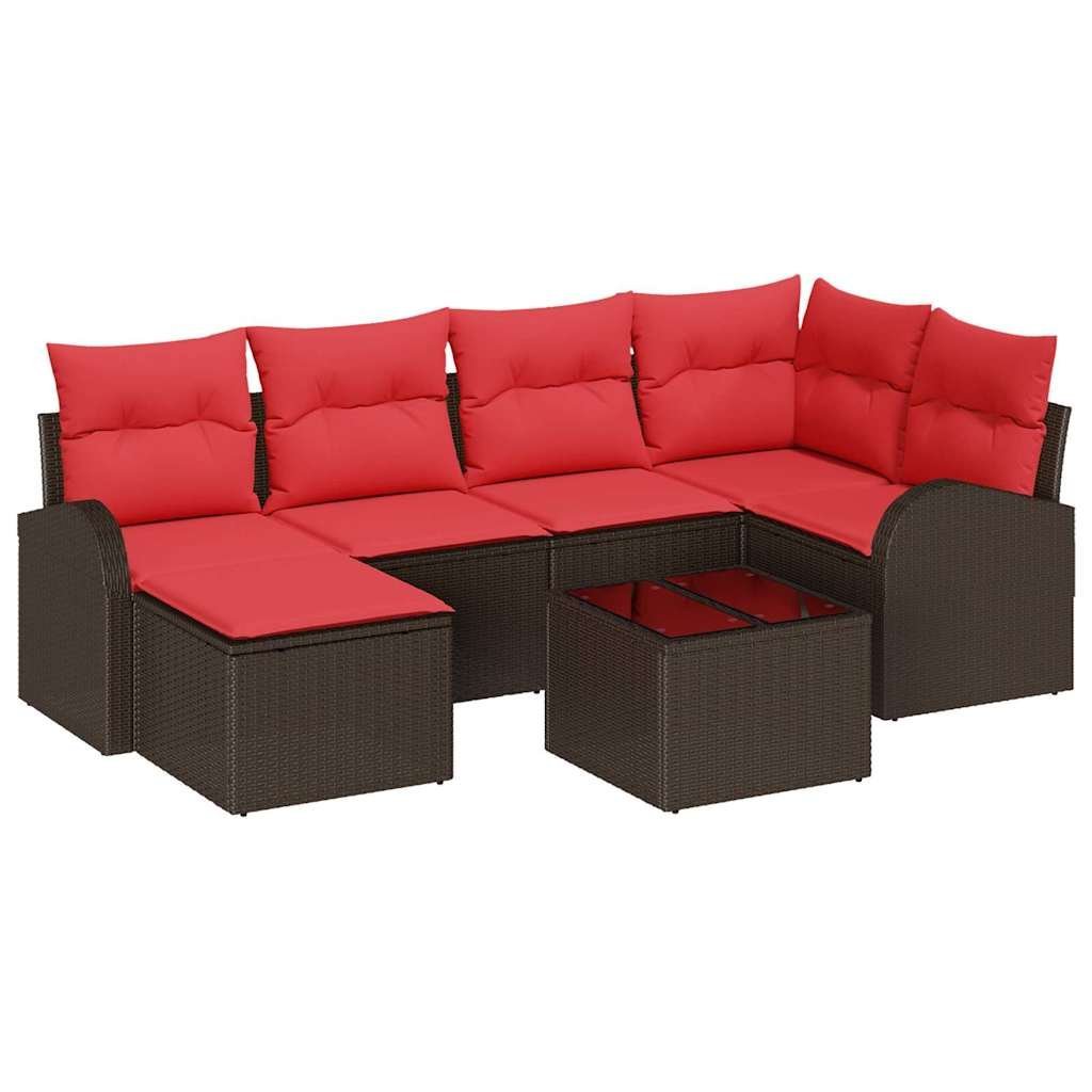 vidaXL Zestaw Sof z poduszką 7 pcs Brązowy i czerwony polirattan