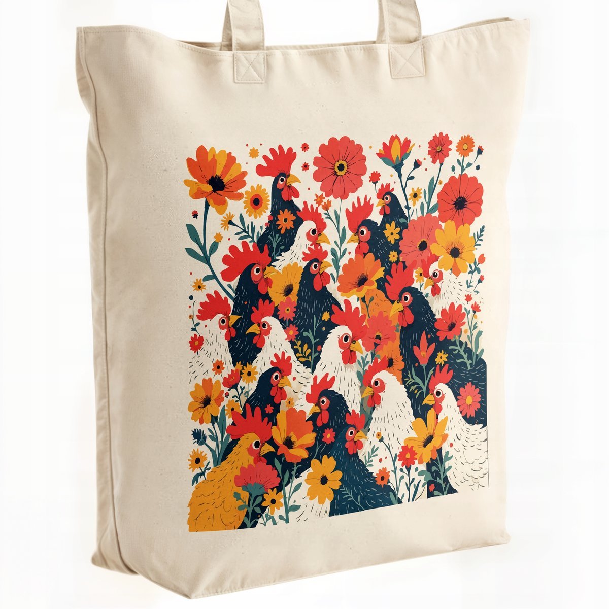 Torba bawełniana premium na zakupy Kury Kwiaty Kolaż Motyw Folklor Prezent