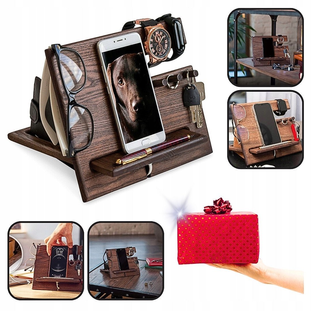 DREWNIANA STACJA DOKUJĄCA NA TELEFON, STOJAK NA PORTFEL I ZAGARKI ORGANIZER