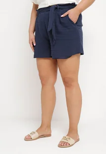 Niebieskie Szorty z Bawełny z Gumką w Pasie i Materiałowym Paskiem Melluna - Spodenki damskie - miniaturka - grafika 1