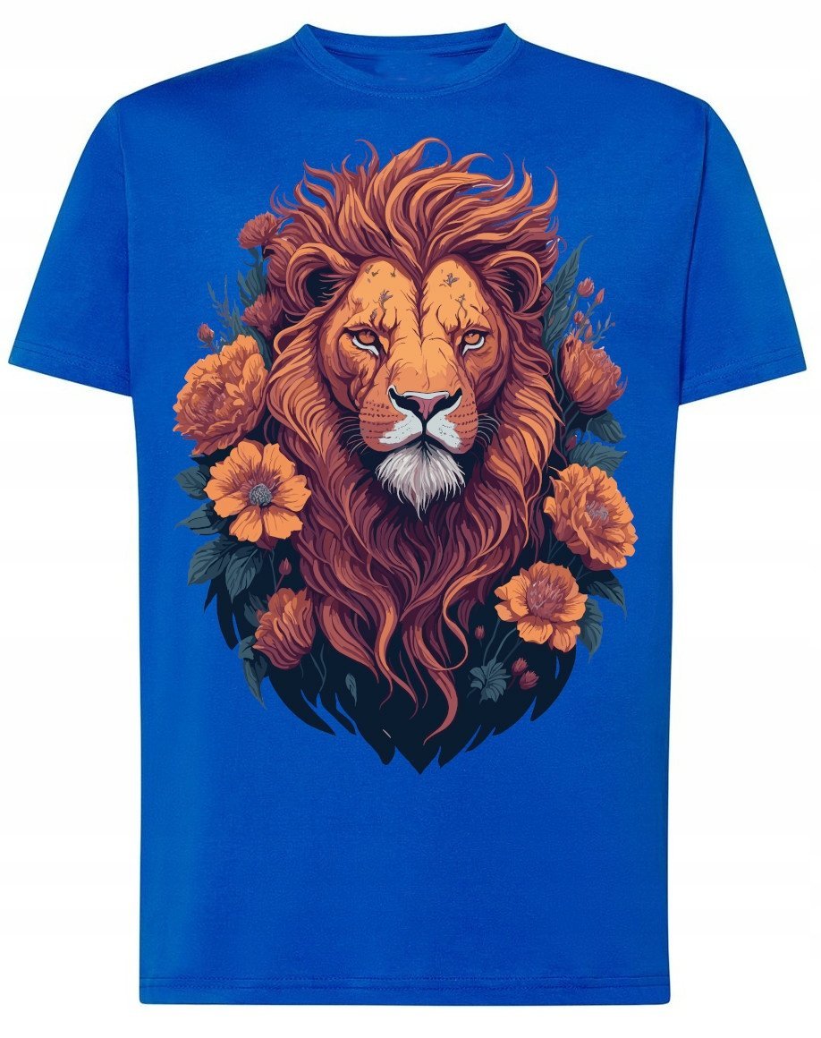 Męski T-shirt Lew Kwiaty Modny Nadruk Cudowny r.XS