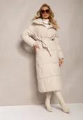 Kurtki damskie - Beżowa Długa Kurtka Pikowana z Paskiem Adellesstta - miniaturka - grafika 1