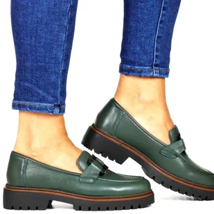 DAMSKIE MOKASYNY SKÓRZANE NA GRUBEJ PODESZWIE PÓŁBUTY Z OZDOBĄ SERGIO LEONE 25166-S ZIELONE - Mokasyny damskie - miniaturka - grafika 1