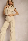 Komplety damskie - Beżowy Komplet z Bawełny Spodnie w Stylu Cargo Koszula Zapinana na Guziki z Kieszeniami Dimnas - miniaturka - grafika 1