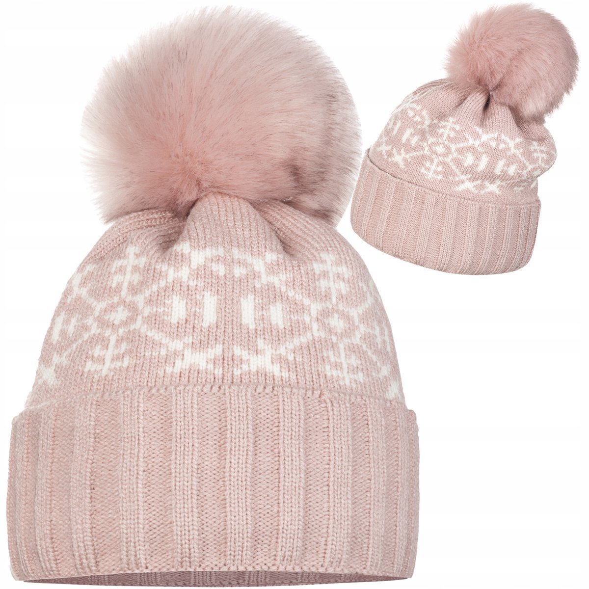 Różowa Damska Czapka Zimowa Z Pomponem Beżowe Śnieżynki Wywijana Majka