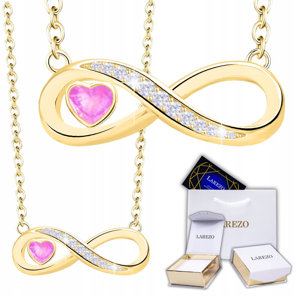 Złoty Naszyjnik Nieskończoność 925 Kryształowe Serce Cyrkonie POZŁACANY 585