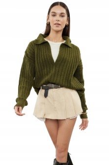 TRENDYOL ZIELONY SWETER Z FALBANĄ DOPASOWANY Z KOŁNIERZYKIEM 42 5AA