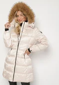 Kurtki damskie - Beżowa Długa Kurtka Pikowana z Kapturem z Futrem z Możliwością Odpięcia Feneia - miniaturka - grafika 1