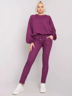 Komplet dresowy ciemny fioletowy casual bluza i spodnie dekolt okrągły rękaw długi nogawka prosta długość długa pikowanie troczki bufiasty - Komplety damskie - miniaturka - grafika 1